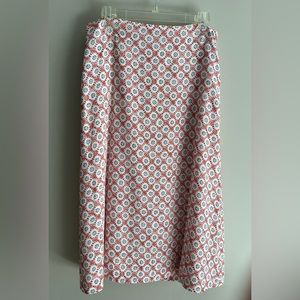 Ann Taylor A-line skirt, white with terracotta and blue medallion print, size 8